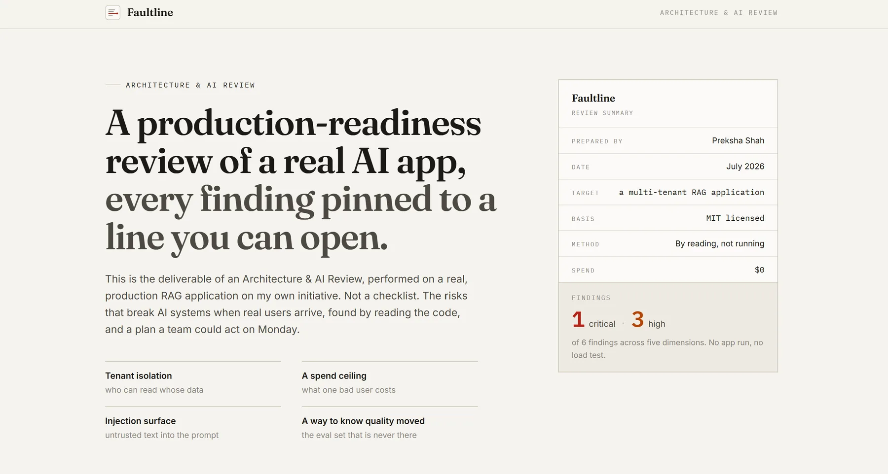 Faultline's review summary: prepared by Preksha Shah, target a multi-tenant RAG application, MIT licensed, reviewed by reading the source, one critical and three high findings of six