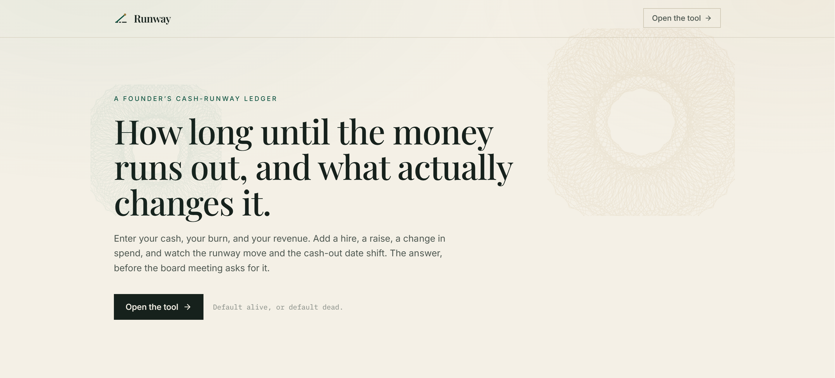 Runway's public landing page, with the pitch: how long until the money runs out, and what actually changes it